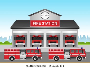 Fire Station with Fire Truck. Fire Department Building. Vector Illustration.  