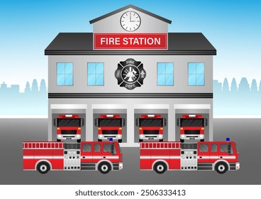 Fire Station with Fire Truck. Fire Department Building. Vector Illustration.  