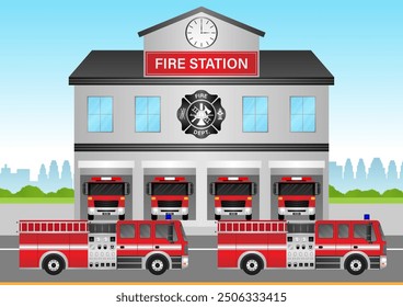 Fire Station with Fire Truck. Fire Department Building. Vector Illustration.  