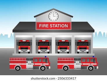 Fire Station with Fire Truck. Fire Department Building. Vector Illustration.  