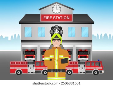 Fire Station with Fire Truck and Firefighter. Fire Department Building. Vector Illustration.  