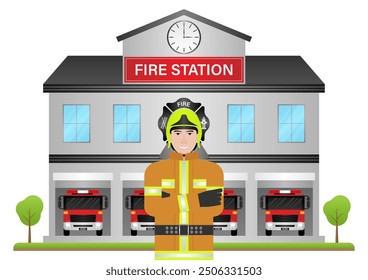 Fire Station with Fire Truck and Firefighter. Fire Department Building. Vector Illustration.  