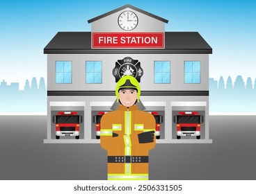 Fire Station with Fire Truck and Firefighter. Fire Department Building. Vector Illustration.  