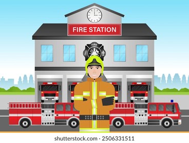 Fire Station with Fire Truck and Firefighter. Fire Department Building. Vector Illustration.  