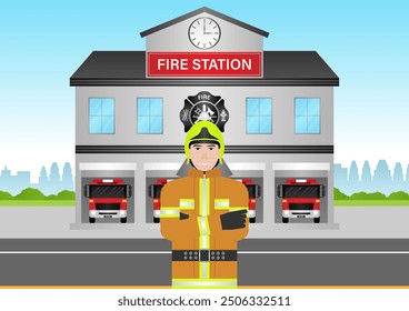 Fire Station with Fire Truck and Firefighter. Fire Department Building. Vector Illustration.  