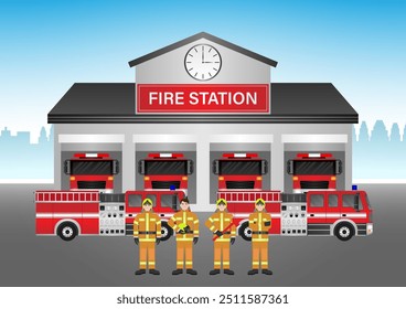 Corpo de Bombeiros com Caminhão de Bombeiros e Bombeiro. Edifício do Corpo de Bombeiros. Ilustração de vetor.  