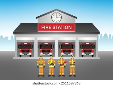 Corpo de Bombeiros com Caminhão de Bombeiros e Bombeiro. Edifício do Corpo de Bombeiros. Ilustração de vetor.  