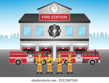 Estación de bomberos con camión de bomberos y bombero. Edificio del Departamento de Bomberos. Ilustración vectorial.  