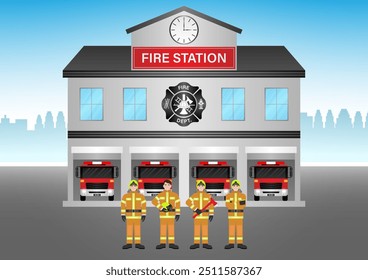 Corpo de Bombeiros com Caminhão de Bombeiros e Bombeiro. Edifício do Corpo de Bombeiros. Ilustração de vetor.  