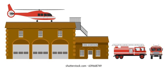 Fire station, fire truck and helicopter. Vector illustration, a flat style design. Isolated on a white background.