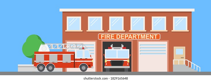 Fire station with two fire engines. Flat style colorful vector illustration.