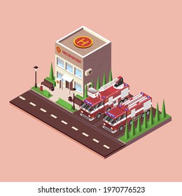 A fire station with two parked fire trucks. On the roof there is a place for the helicopter to land. Urban infrastructure. Vector illustration in the isometric style.