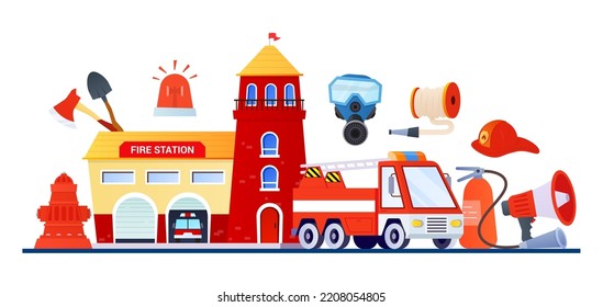 Fire station and uniforms - modern flat design style poster on white background. Red car, fire hose and hydrant, safety helmet and respirator, extinguisher and alarm signal. Life saving idea