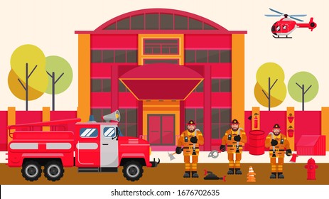 Fire station vector illustration. Firefighters cartoon men team near fire truck engine in front of rescue service building. Flying helicopter. Emergency safety equipment.