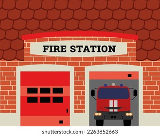 Fire station vector illustration. Fire truck drawing.