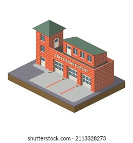 Fire station vector in isometric with flat color and white background. Vector illustration