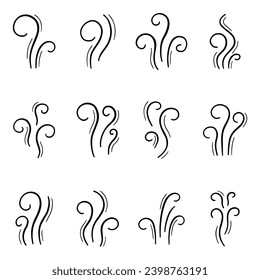 Fire steam doodle set. Line smoke, aroma, smell, waves from food and beverages in sketch style. Hand drawn vector illustration isolated on white background