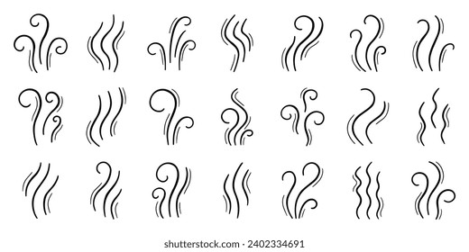 Fire steam doodle set. Line smoke, aroma, smell, waves from food and beverages in sketch style. Hand drawn vector illustration isolated on white background