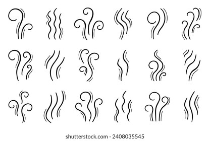 Fire steam doodle set. Line smoke, aroma, smell, waves from food and beverages in sketch style. Hand drawn vector illustration isolated on white background