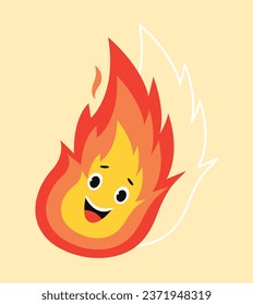 Fire sticker concept. Flame with facial expression. Character with feelings and mood. Positivity and optimism, happiness. Cartoon flat vector illustration isolated on beige background