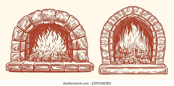 Fire in stone oven. Logs are burning in fireplace. Sketch vintage vector illustration