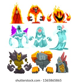 Fire, Stone and Water Monsters Set, Fantasy Mystic Creatures Elementals Cartoon Characters Vector Illustration