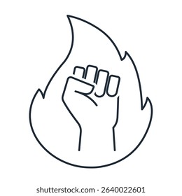 The fire of struggle and a clenched fist upwards. Popular protest, resistance. Vector linear icon illustration isolated on white background.