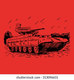 Fire support combat vehicle tanks. Russian BMPT. Vector freehand pencil sketch.