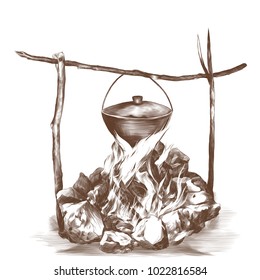 a fire surrounded by stones and a pot hanging on the rods, sketch vector graphics monochrome drawing