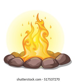 The fire surrounded with stones isolated on a white background. Vector cartoon close-up illustration.
