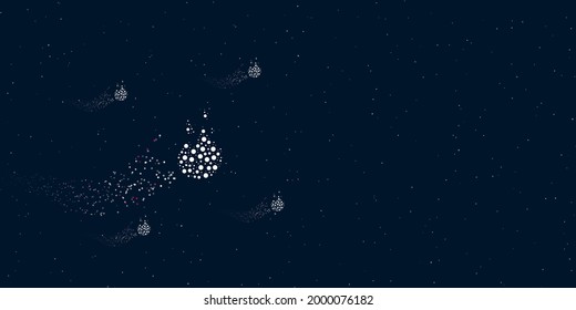 A fire symbol filled with dots flies through the stars leaving a trail behind. Four small symbols around. Empty space for text on the right. Vector illustration on dark blue background with stars