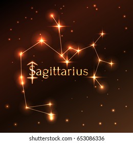 Fire symbol of Sagittarius zodiac sign, horoscope, vector art and illustration. Star constellation.