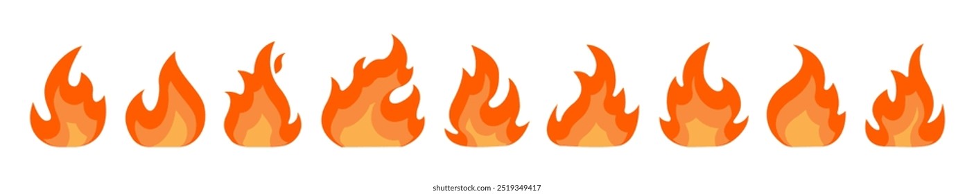 Conjunto de símbolos de fuego. Conjunto de iconos de llama de fuego amarillo y naranja. Colección del elemento flameante caliente. Ilustración vectorial