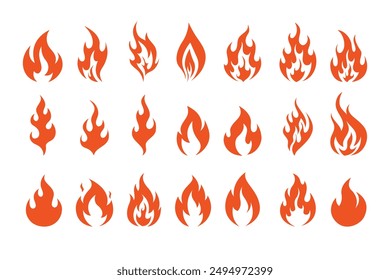 Fire symbols isolated icon flat set on white background. Blaze silhouette element. Vector illustration