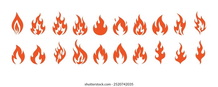 Fire symbols isolated icon flat set on white background. Blaze silhouette element. Vector illustration
