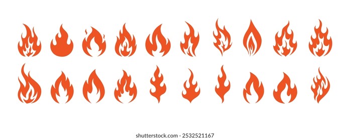 Fire symbols isolated icon flat set on white background. Blaze silhouette element. Vector illustration