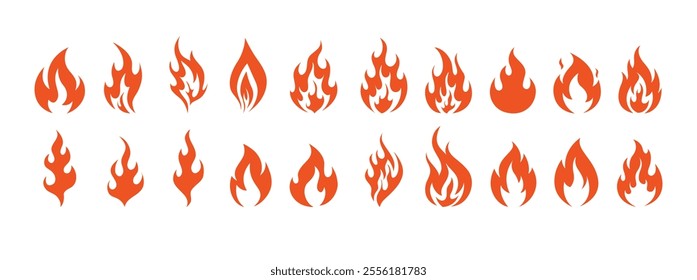 Fire symbols isolated icon flat set on white background. Blaze silhouette element. Vector illustration