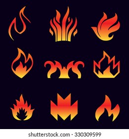 Fire symbols isolated on black background. Vector collection of logos of fire and flame
