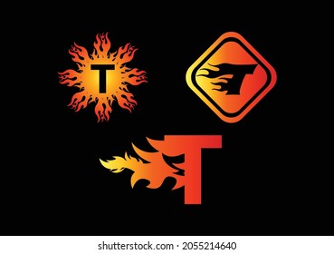 Plantilla de diseño de logotipos y iconos para letras Fire T