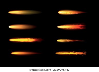 Chispas de fuego crujido rojo naranja dinámico llama brillantes chispas ardiendo cometa set ilustración vectorial realista. Líneas de fuego mágico movimiento de poder humo meteoritos de calor abstracto encendiendo objeto cósmico sobre negro