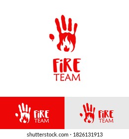 Fire team hand logo template. Hand with fire symbol.