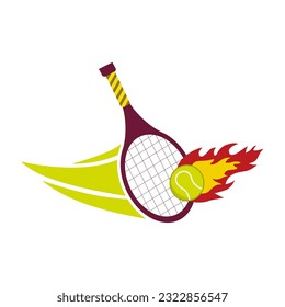 Fire tennis ball illustration with racket vector design for logo ikon, padel tenis ikon, logo brand, etc.