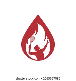 Fire and tennis player drop shape logo icon design template. Tennis sports vector logo design.