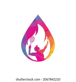Fire and tennis player drop shape logo icon design template. Tennis sports vector logo design.