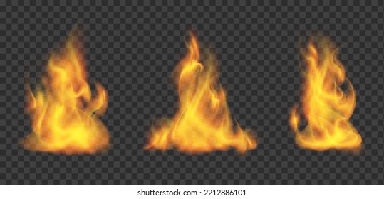 Fire texture. Collection flame pattern isolated on transparent background. Vector illustration.