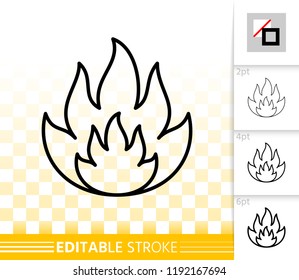 Fire thin line icon. Outline web sign of bonfire. Flame linear pictogram with different stroke width. Simple candle blaze vector symbol, transparent background. Flare editable stroke icon without fill