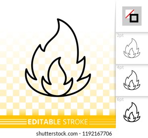 Fire thin line icon. Outline web sign of bonfire. Flame linear pictogram with different stroke width. Simple candle blaze vector symbol, transparent background. Flare editable stroke icon without fill