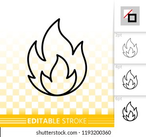 Fire thin line icon. Outline web sign of bonfire. Flame linear pictogram with different stroke width. Simple candle blaze vector symbol, transparent background. Flare editable stroke icon without fill
