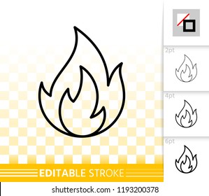 Fire thin line icon. Outline web sign of bonfire. Flame linear pictogram with different stroke width. Simple candle blaze vector symbol, transparent background. Flare editable stroke icon without fill