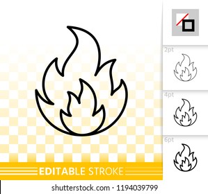 Fire thin line icon. Outline web sign of bonfire. Flame linear pictogram with different stroke width. Simple candle blaze vector symbol, transparent background. Flare editable stroke icon without fill